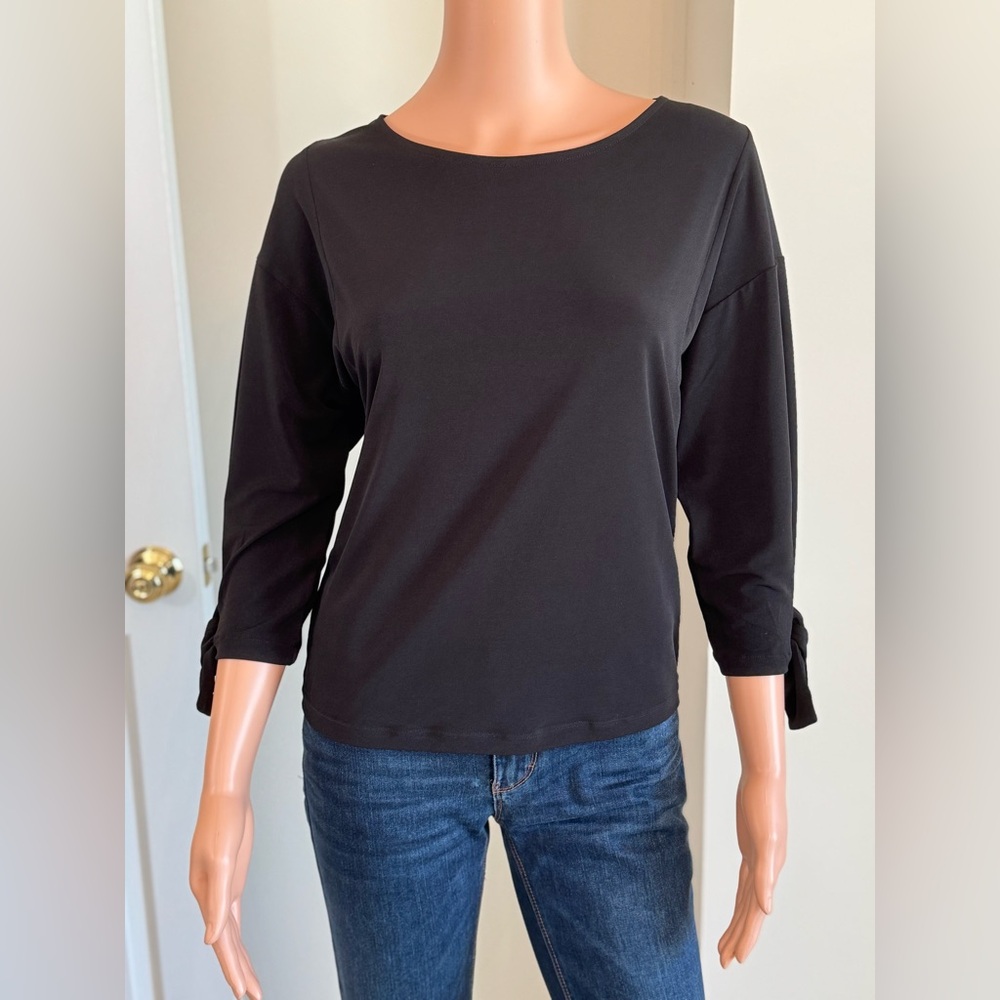 Chico’s Black Scoop Neck Flattering Jersey Tie 3/4 Sleeve Top Stretch Small